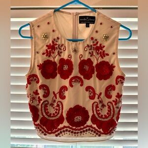 Needle & Thread Red Floral Embroidered Cream Blouse